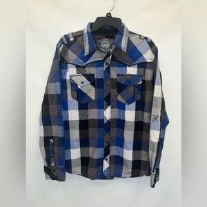 BKE Shirt Mens Large Multicolor Plaid Long Sleeve 100% Cotton Pockets Slim Fit